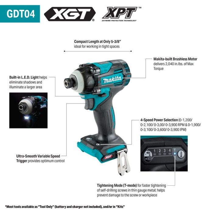 Makita GDT04Z, 40V Max XGT BL High Torque 4‑Speed Impact Driver