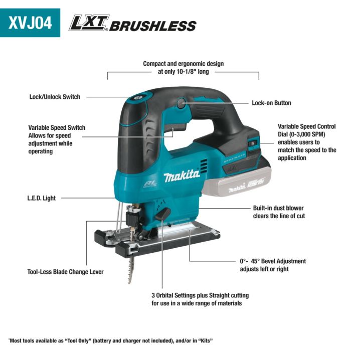 Makita XVJ04Z 18V LXT Brushless Cordless D-Handle Jig Saw, Bare
