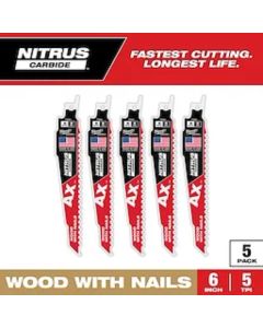 Milwaukee 48-00-7551, 6" 5 TPI AX Nitrus Carbide Teeth Sawzall Blade, 5/Pack