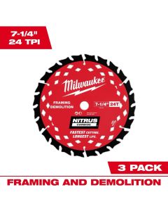 Milwaukee 48-40-0753, 7-1/4" 24T Nitrus Carbide Framing & Demolition, 3/Pack