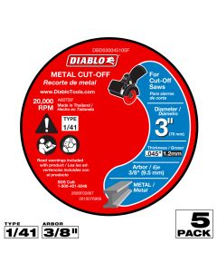 Diablo Tools DBD030045105F, 3" x 0.045" x 3/8" Type 1/41 Metal Cut-Off Disc, 5/Pack